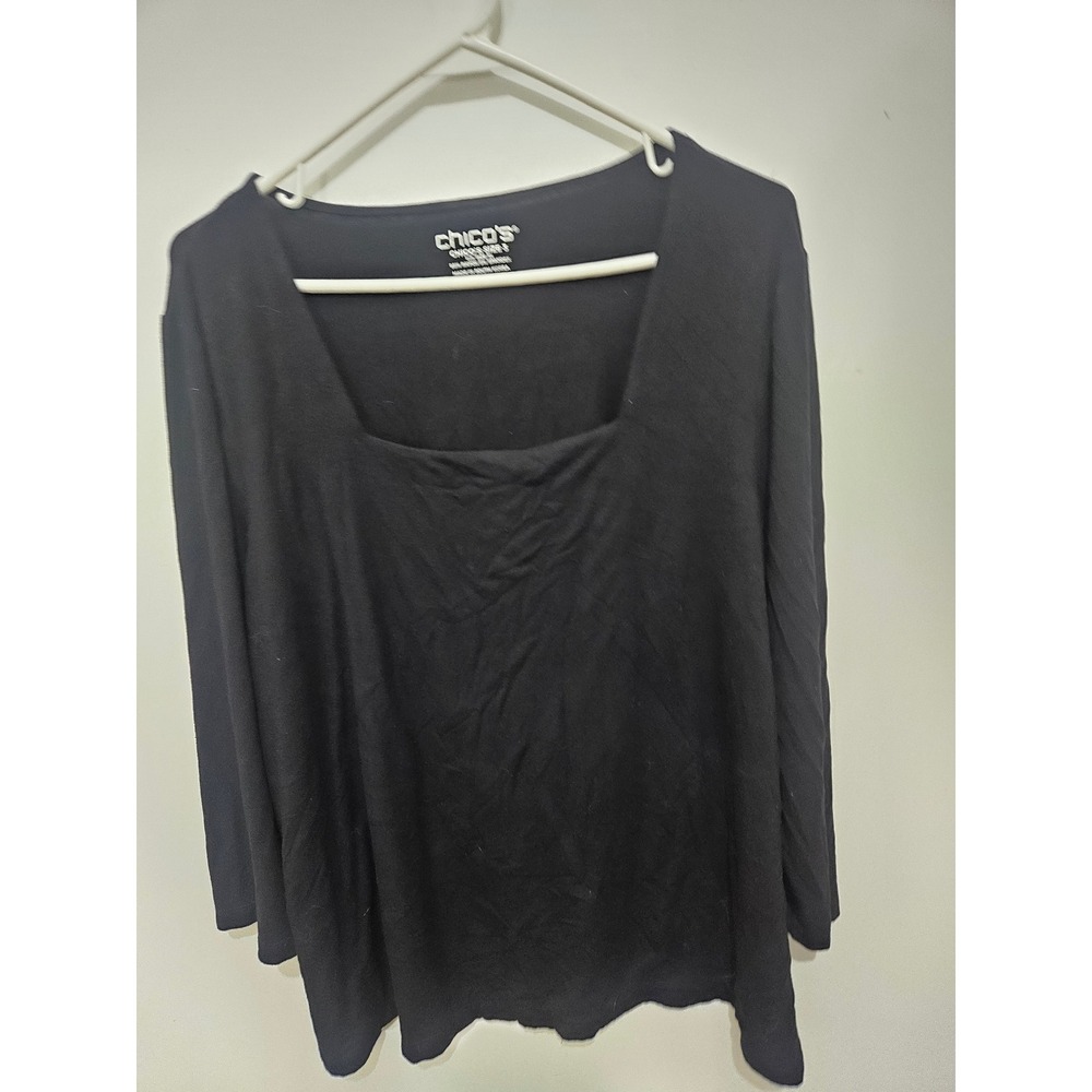 Chicos Black Square Neck Long Sleeve Top Size 3 XL Rayon Spandex Stretch
